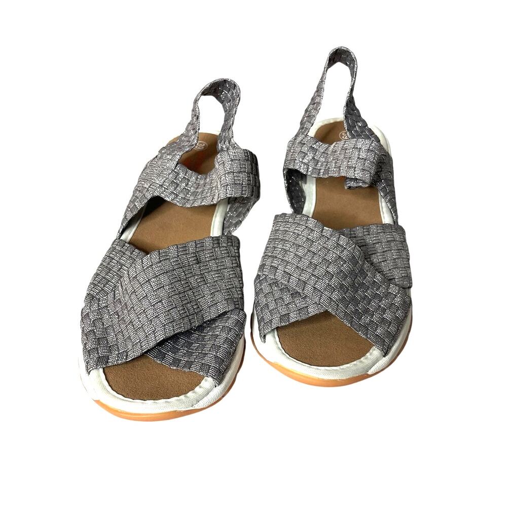 Bernie Mev Kaia Women 8/39 Gray Shimmer Woven Crisscross Sandal 1.25" Heel NWOB